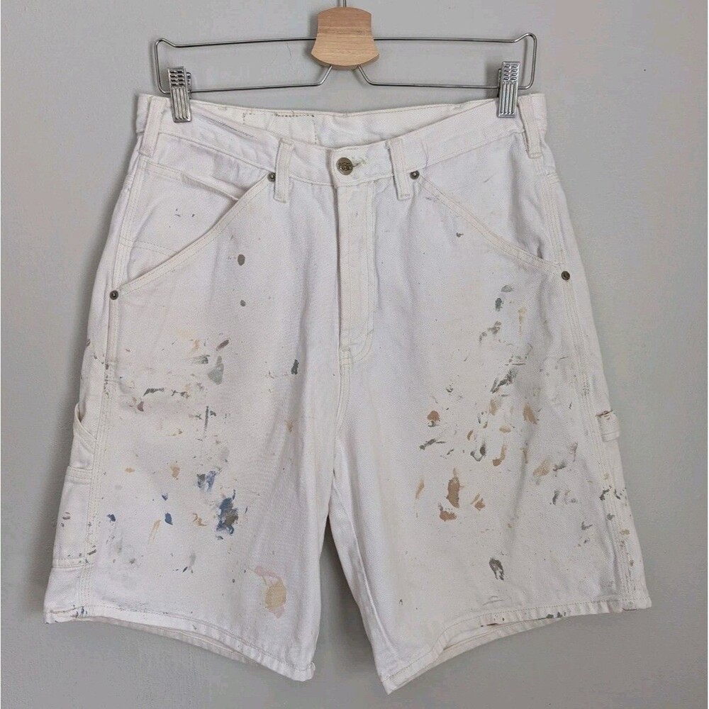 Vtg Y2K White Painters Shorts Distressed Mens Size 32x10 Paint Splatter Route 66
